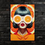 Orange Pop Art Girl Neon Wall Art | UV Printed Plexiglass Retro Fruit Portrait for Colorful Interiors