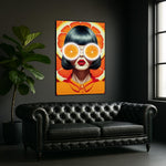 Orange Pop Art Girl Neon Wall Art | UV Printed Plexiglass Retro Fruit Portrait for Colorful Interiors