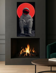 Neon Astronaut Red Halo Poster | Space Wall Art Plexiglass UV Print | Cosmic Decor for Men’s Room