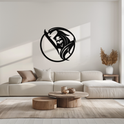 Grim Reaper Circle Metal Wall Art – Dark Gothic Scythe Decor for Horror Enthusiasts- KAF586