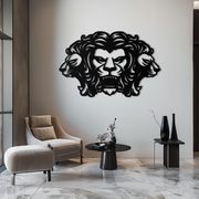 Three-Headed Lion Metal Wall Art – Fierce Tribal Lion Head Wall Decor- KAF589