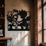 Angel and Devil Holding Hands Metal Wall Art – Whimsical Love Contrast Silhouette- KAF591