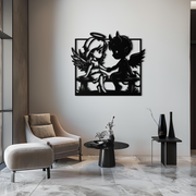 Angel and Devil Holding Hands Metal Wall Art – Whimsical Love Contrast Silhouette- KAF591