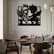 Angel and Devil Holding Hands Metal Wall Art – Whimsical Love Contrast Silhouette- KAF591