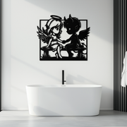 Angel and Devil Holding Hands Metal Wall Art – Whimsical Love Contrast Silhouette- KAF591