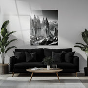Monochrome Crystal Landscape Glass Wall Art – Black and White Geometric Nature Scene-KAFCD007