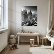 Monochrome Crystal Landscape Glass Wall Art – Black and White Geometric Nature Scene-KAFCD007