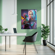 Cyberpunk Girl and Dragon Glass Wall Art – Neon Fantasy Sci-Fi Character Design-KAFCD008