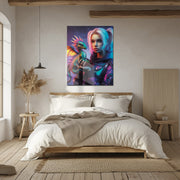 Cyberpunk Girl and Dragon Glass Wall Art – Neon Fantasy Sci-Fi Character Design-KAFCD008