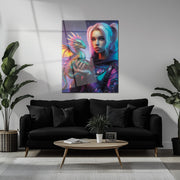 Cyberpunk Girl and Dragon Glass Wall Art – Neon Fantasy Sci-Fi Character Design-KAFCD008