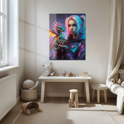Cyberpunk Girl and Dragon Glass Wall Art – Neon Fantasy Sci-Fi Character Design-KAFCD008
