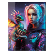 Cyberpunk Girl and Dragon Glass Wall Art – Neon Fantasy Sci-Fi Character Design-KAFCD008