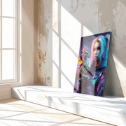 Cyberpunk Girl and Dragon Glass Wall Art – Neon Fantasy Sci-Fi Character Design-KAFCD008