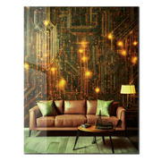 Circuit Board Living Room Glass Wall Art – Futuristic Tech-Inspired Home Scene-KAFCD010
