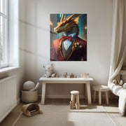 Dapper Dragon Gentleman Glass Wall Art – Fantasy Beast in Elegant Red Suit-KAFCD011