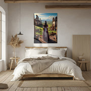 Lady in Ruins Glass Wall Art – Romantic Historical Scene with Sunset Landscape-KAFCD012