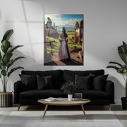 Lady in Ruins Glass Wall Art – Romantic Historical Scene with Sunset Landscape-KAFCD012