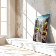 Lady in Ruins Glass Wall Art – Romantic Historical Scene with Sunset Landscape-KAFCD012