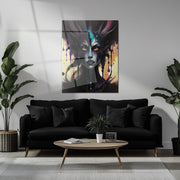 Dripping Shadow Queen Glass Wall Art – Gothic Fantasy Portrait with Abstract Paint-KAFCD013