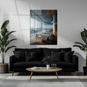 Oceanfront Modern Living Glass Wall Art – Luxurious Coastal Interior Scene-KAFCD014