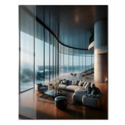 Oceanfront Modern Living Glass Wall Art – Luxurious Coastal Interior Scene-KAFCD014