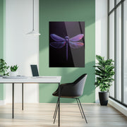 Neon Dragonfly Glass Wall Art – Futuristic Insect Design with Vivid Purple Glow-KAFCD015