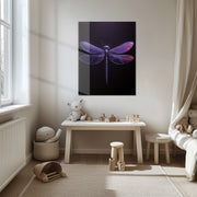 Neon Dragonfly Glass Wall Art – Futuristic Insect Design with Vivid Purple Glow-KAFCD015
