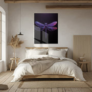 Neon Dragonfly Glass Wall Art – Futuristic Insect Design with Vivid Purple Glow-KAFCD015