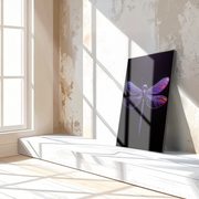 Neon Dragonfly Glass Wall Art – Futuristic Insect Design with Vivid Purple Glow-KAFCD015