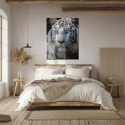 Blue-Eyed White Tiger Glass Wall Art – Fierce Wildlife Portrait with Striking Gaze-KAFCD016