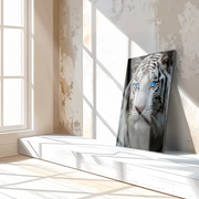 Blue-Eyed White Tiger Glass Wall Art – Fierce Wildlife Portrait with Striking Gaze-KAFCD016