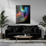 Abstract Neon Swirl Glass Wall Art – Colorful Fluid Motion on Deep Black Canvas-KAFCD019