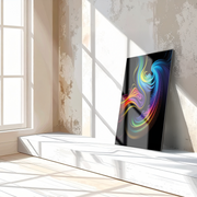 Abstract Neon Swirl Glass Wall Art – Colorful Fluid Motion on Deep Black Canvas-KAFCD019