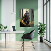 Warrior Huntress Glass Wall Art – Fierce Female Hero in Magical Forest Setting-KAFCD020
