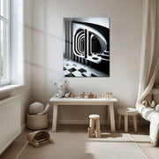 Monochrome Abstract Architecture Glass Wall Art – 3D Optical Illusion UV Print-KAFCD021