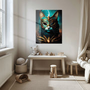 Regal Masked Cat Glass Wall Art – Fantasy Feline Portrait UV Print Design-KAFCD024