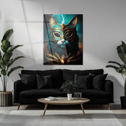 Regal Masked Cat Glass Wall Art – Fantasy Feline Portrait UV Print Design-KAFCD024