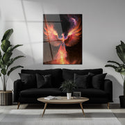 Fiery Phoenix Glass Wall Art – Rebirth & Flame Fantasy UV Print Design-KAFCD027
