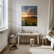 Sunset Sunflower Field Glass Wall Art – Warm Nature Landscape UV Print-KAFCD032