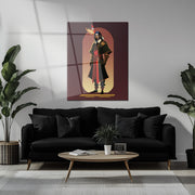 Stylized Warrior Character Glass Wall Art – Bold Heroic UV Print Design-KAFCD034