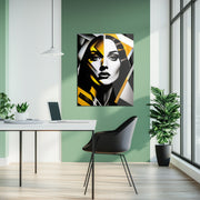 Geometric Femme Portrait Glass Wall Art – Bold Black, White & Yellow UV Print-KAFCD037