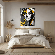 Geometric Femme Portrait Glass Wall Art – Bold Black, White & Yellow UV Print-KAFCD037