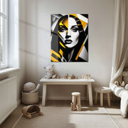 Geometric Femme Portrait Glass Wall Art – Bold Black, White & Yellow UV Print-KAFCD037