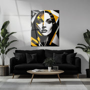 Geometric Femme Portrait Glass Wall Art – Bold Black, White & Yellow UV Print-KAFCD037