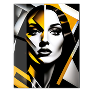 Geometric Femme Portrait Glass Wall Art – Bold Black, White & Yellow UV Print-KAFCD037