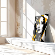 Geometric Femme Portrait Glass Wall Art – Bold Black, White & Yellow UV Print-KAFCD037