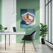 Modern Miniature Room Glass Wall Art – Cozy Interior Design UV Print-KAFCD040