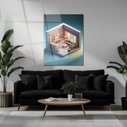 Modern Miniature Room Glass Wall Art – Cozy Interior Design UV Print-KAFCD040