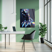 Holographic Male Portrait Glass Wall Art – Futuristic Neon Body UV Print-KAFCD041