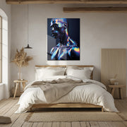 Holographic Male Portrait Glass Wall Art – Futuristic Neon Body UV Print-KAFCD041
